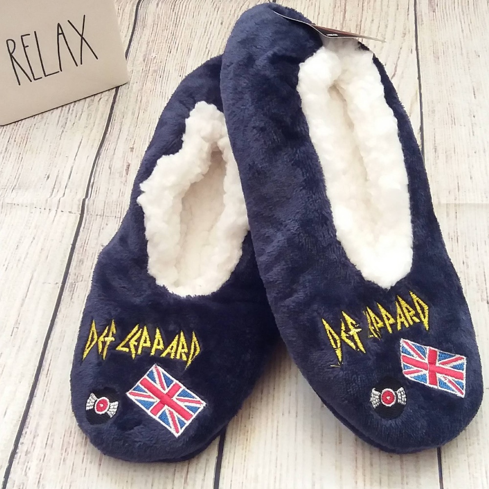 NWT Def Leppard Blue embroidered blue slippers